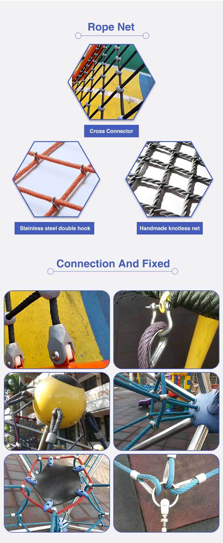 Different types of ropes used in the kids rope net climber playground and different connectors for the ropes