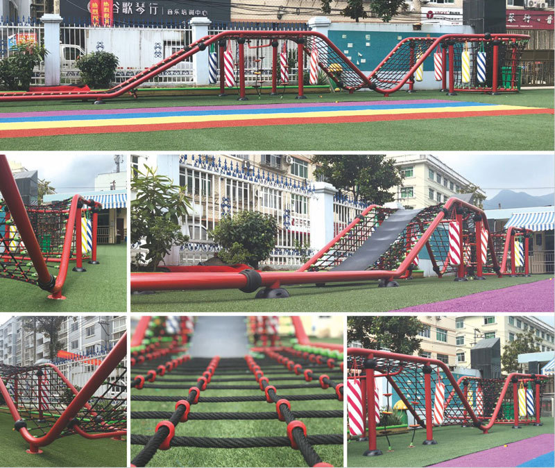 A collection of real photos of a long large net climbing equipment that stands on artificial grass covered playground in a preschool