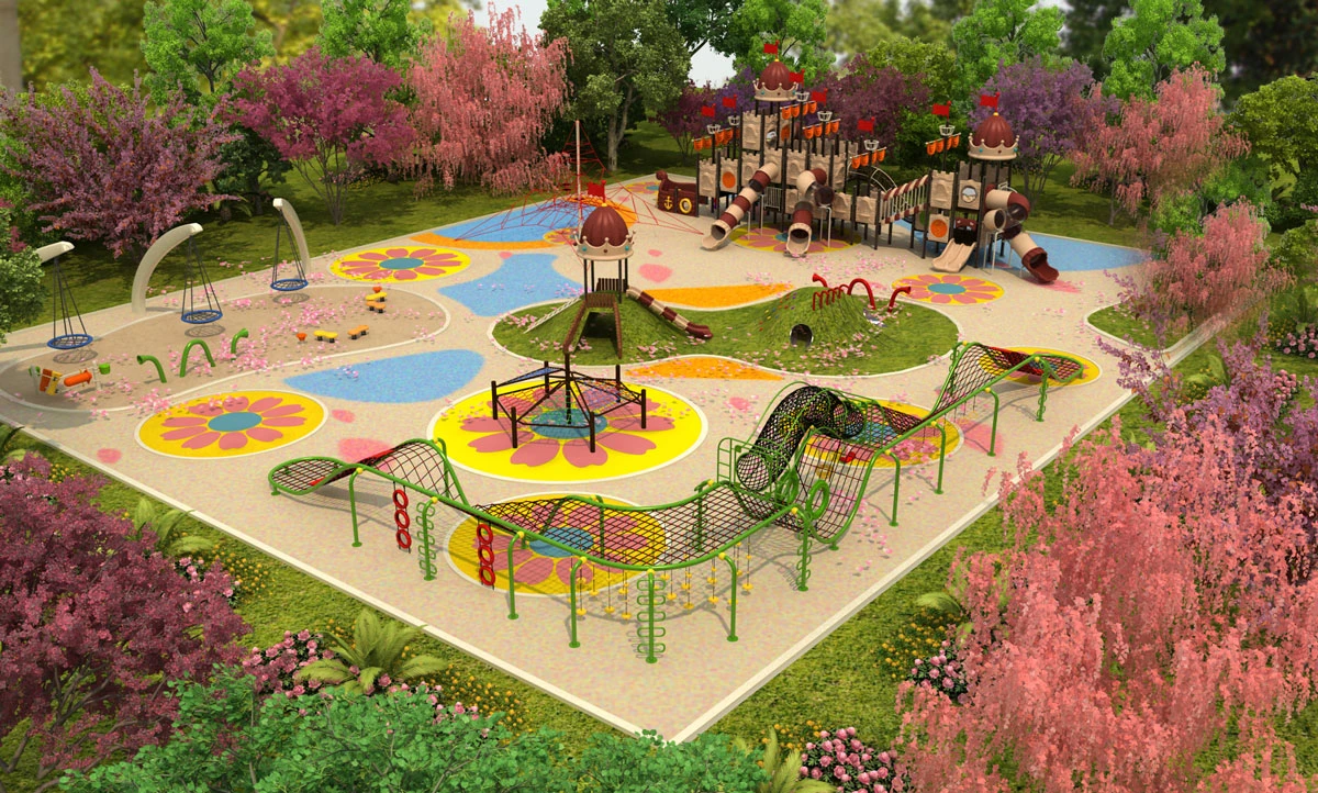 Amusement park children's outdoor play area playscape design with large castle themed plastic playground, several types of kids net climber, ground tunnel, musical tubes and drum set, nest swing and EPDM flooring