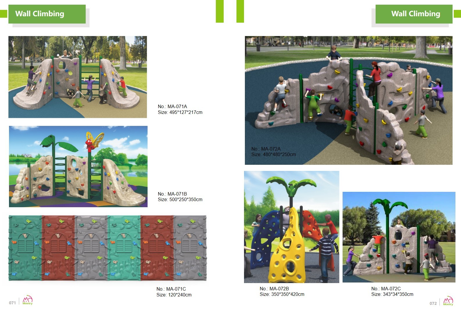 Different types of free standing children's climbing wall rock climber outdoor play equipment in Moetry's catalogue