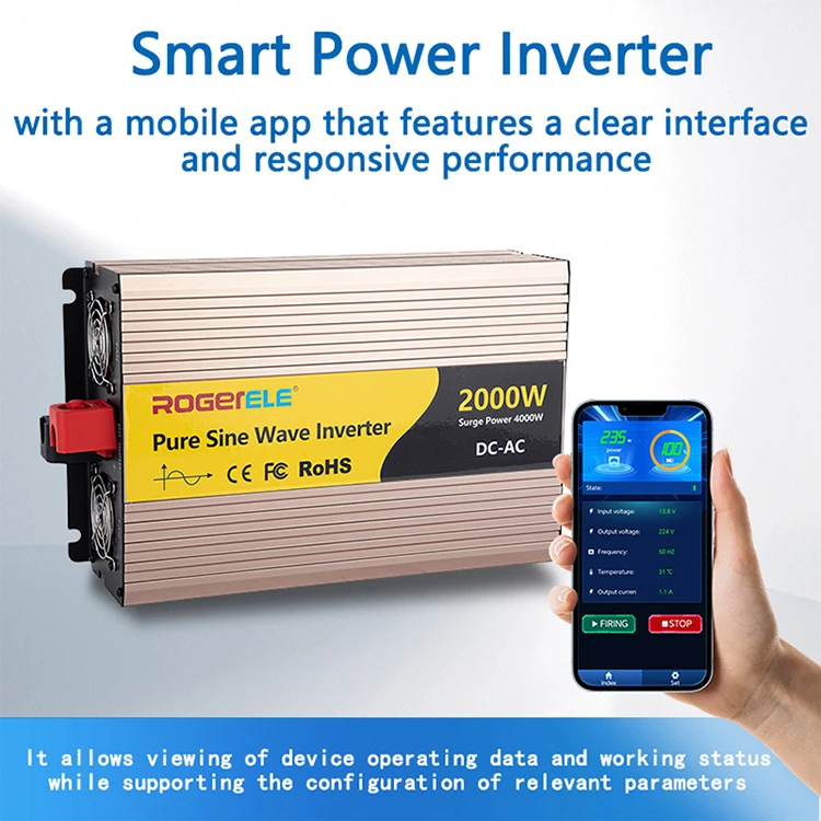 ROGERELE 2000W inverter with Bluetooth mobile app illustration