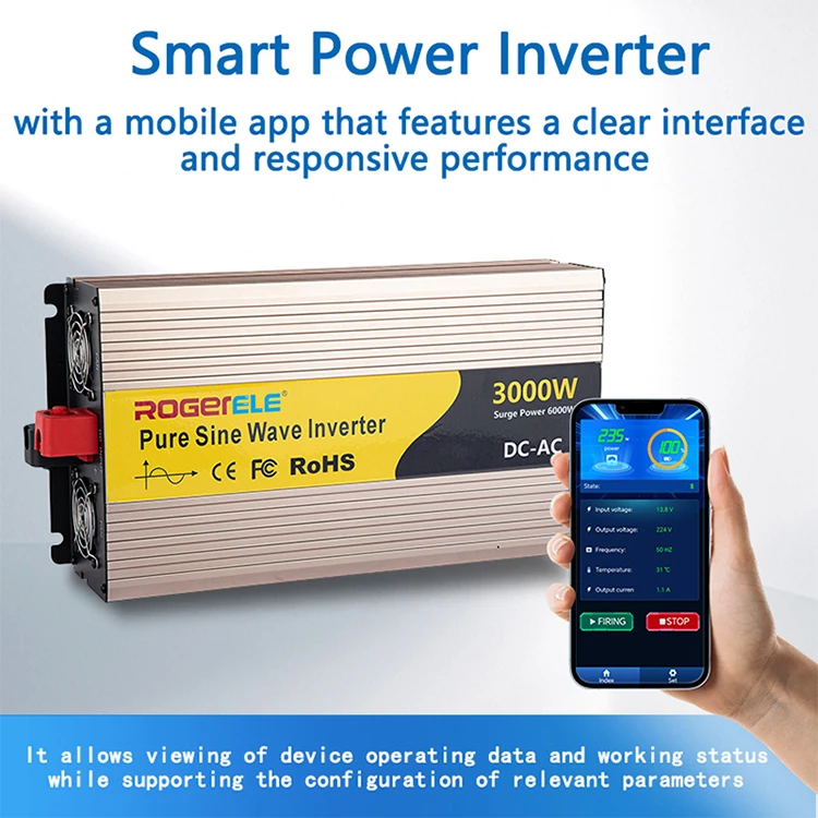 ROGERELE 3000W inverter with Bluetooth mobile app illustration