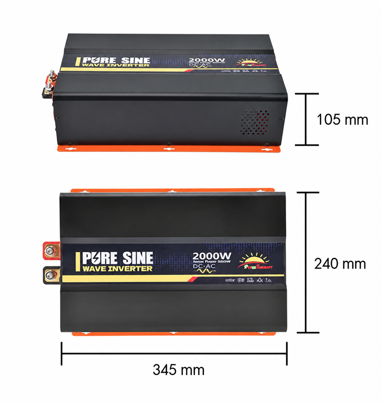 REP2000-C standard inverter enclosure dimension diagram, 345 mm long, 240 mm wide and 105 mm high