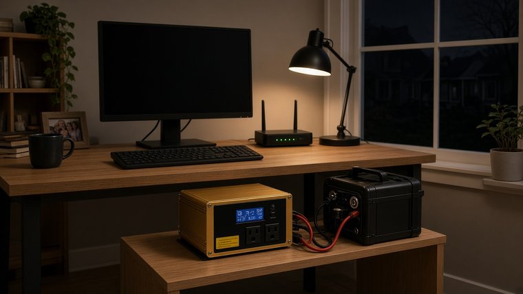 Gold pure sine wave inverter charger with LiFePO4 battery powering a home office computer and Wi-Fi router during a power outage