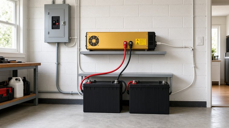 Pure sine wave inverter charger on a garage wall shelf wired to two backup batteries