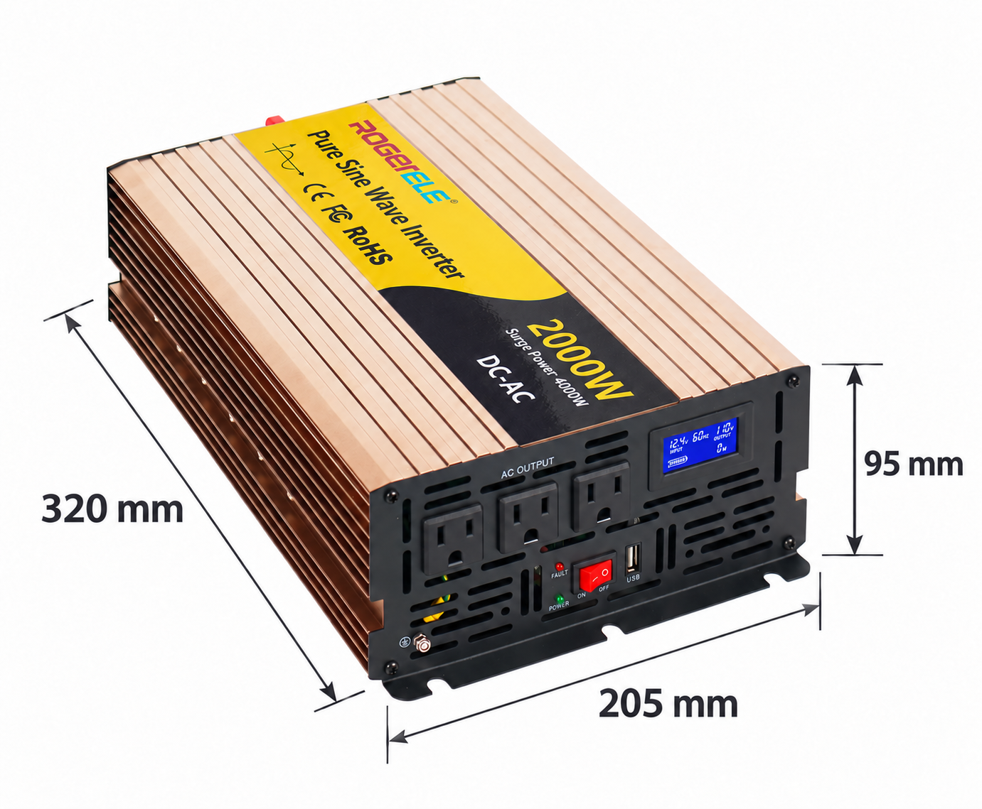 ROGERELE REP2000 2000W inverter dimensions 320 × 205 × 95 mm