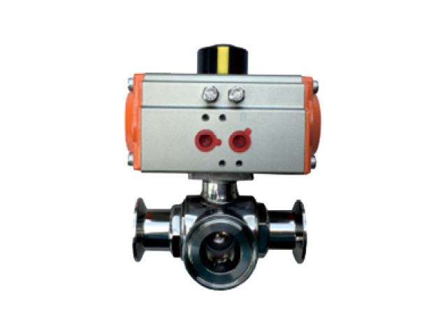 Pneumatic three-way sanitary ball valve