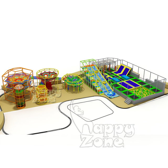Indoor Play Solutions -Adventure Park Indoor Crocheted Net Playground with  Trampoline Ninja Obstacle Courses-Happy Zone Recreation Ltd