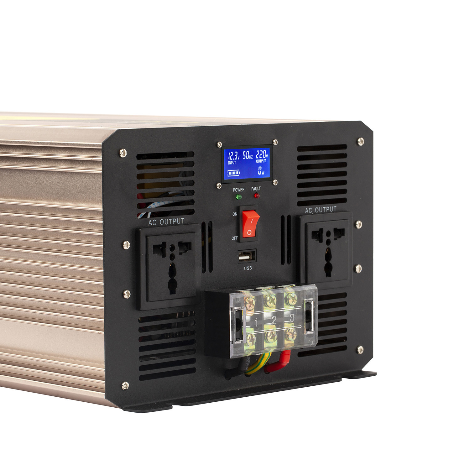 Rogerele 6000W inverter AC output panel with LCD display, sockets and terminal block