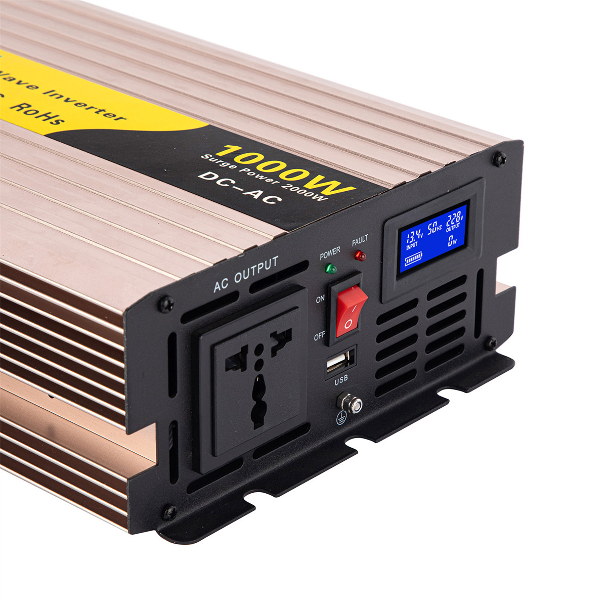 Rogerele REP1000 1000W pure sine wave inverter front panel with AC outlet, display and indicator lights