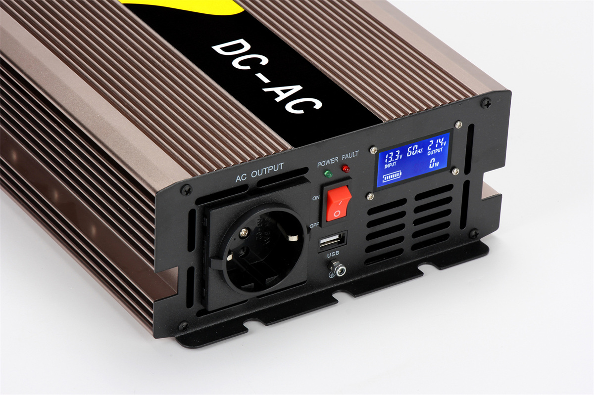 Rogerele 1000W pure sine wave inverter with Schuko-type AC socket and LCD showing 60Hz output
