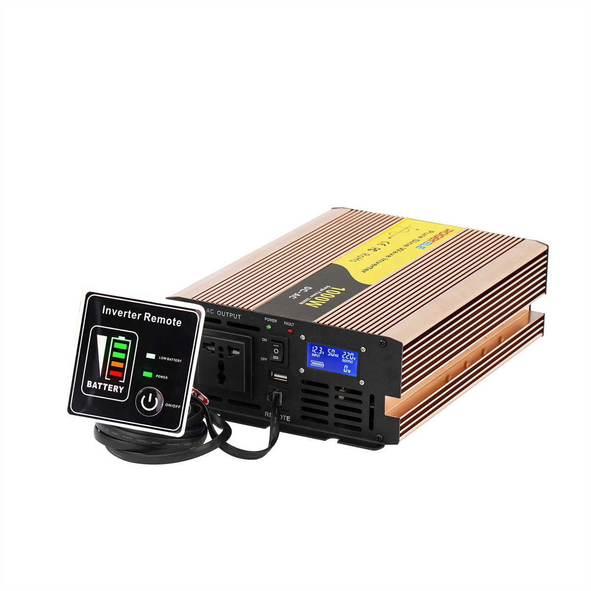 REP1000 pure sine wave inverter with wired remote switch panel showing battery level