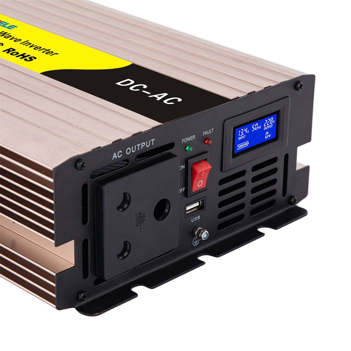 REP1500 pure sine wave inverter front panel with AC outlet, switch and LCD