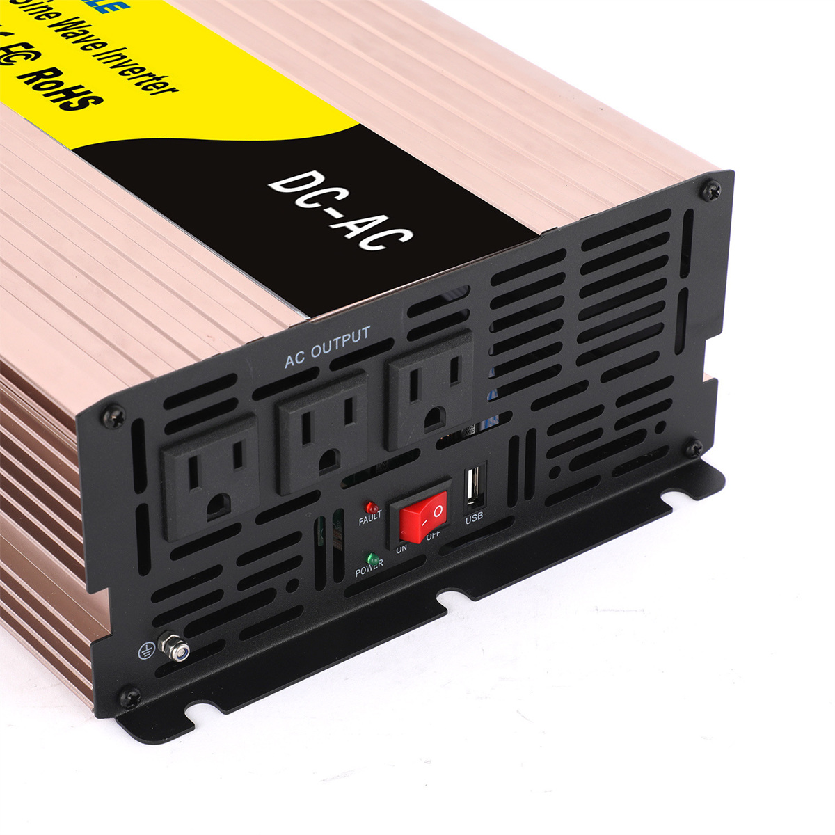REP2000 2000W pure sine wave inverter front panel with three US 120V outlets and USB port