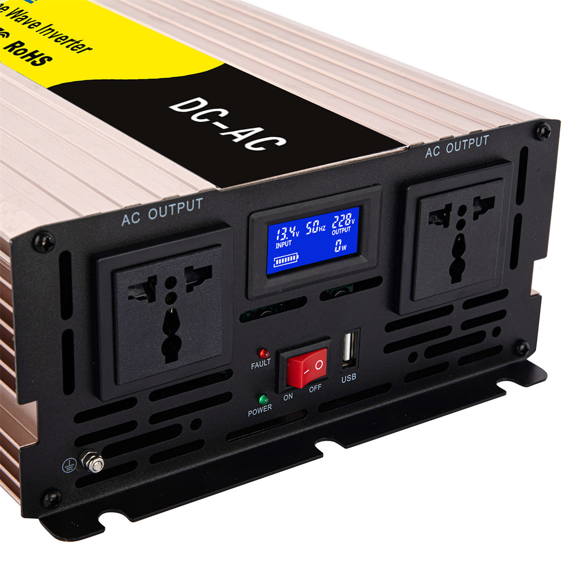 REP2000 pure sine wave DC to AC inverter front panel with LCD screen showing input voltage and output watts