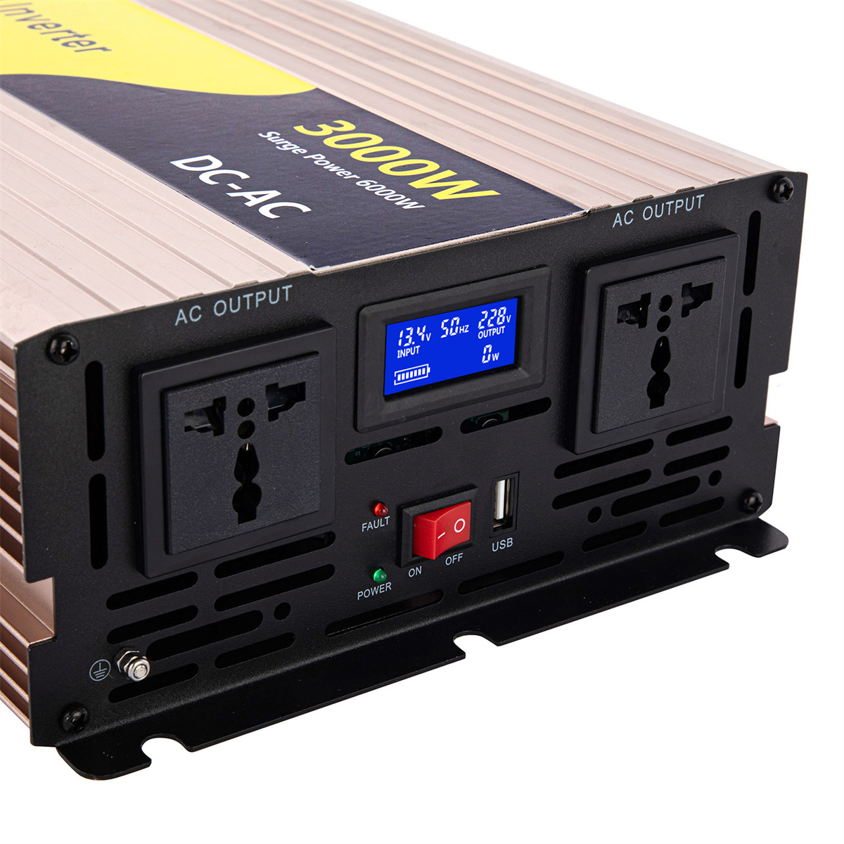 Rogerele REP3000 3000W pure sine wave inverter front panel with LCD display and two AC outlets