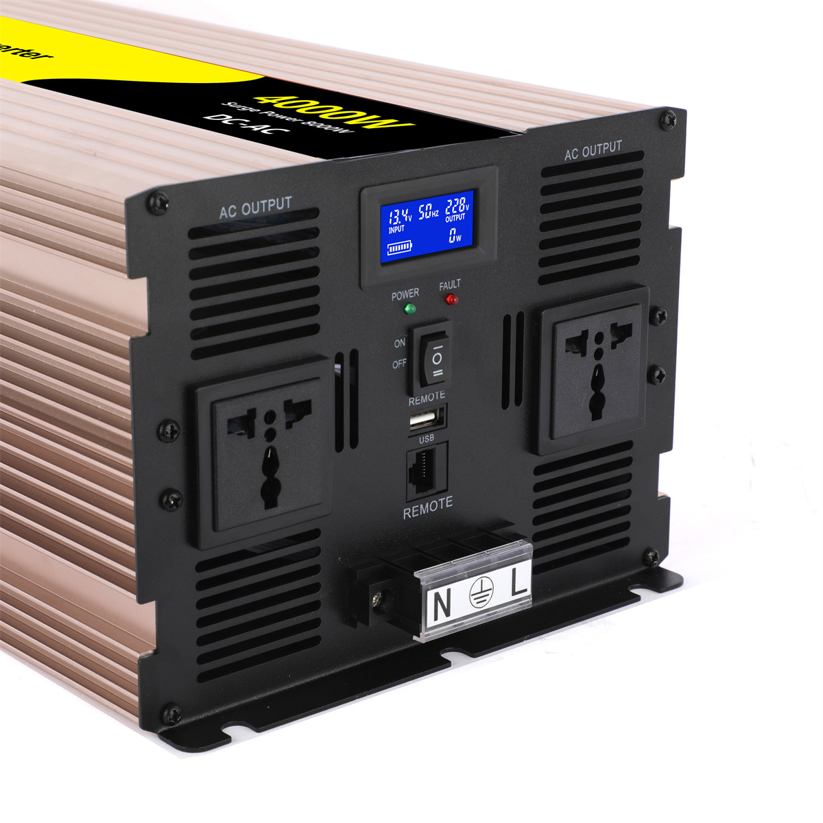 Rogerele REP5000 5000W pure sine wave inverter front panel with LCD display and AC outputs