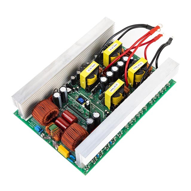 ROGERELE P5000 5000W inverter PCBA angled view with DC input wires and heatsinks