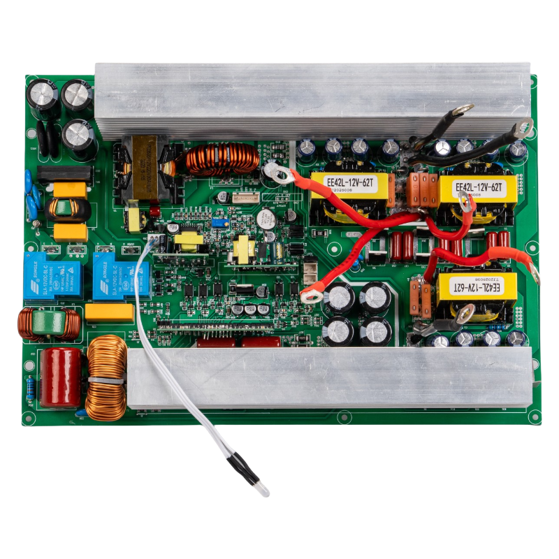 ROGERELE PU2000 bidirectional charging inverter PCBA top view with DC leads and AC charging lead
