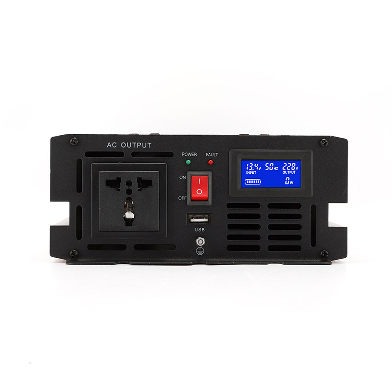Front panel of a Rogerele REP pure sine wave inverter showing the LCD with input voltage, power switch and AC outlet